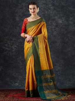 Akhilam - Women's Aura Silk Mustard Woven Designer Saree with Unstitched Blouse