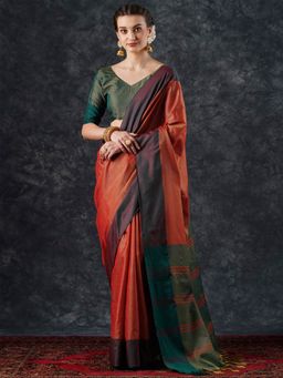 Akhilam - Women's Aura Silk Orange Woven Designer Saree with Unstitched Blouse