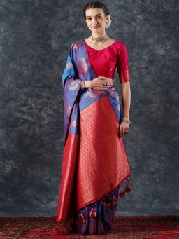 Akhilam - Women's Silk Blend Blue Woven Designer Saree with Unstitched Blouse