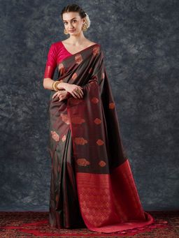Akhilam - Women's Silk Blend Brown Woven Designer Saree with Unstitched Blouse
