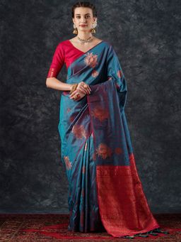 Akhilam - Women's Silk Blend Teal Blue Woven Designer Saree with Unstitched Blouse