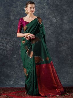 Akhilam - Women's Silk Blend Green Woven Designer Saree with Unstitched Blouse
