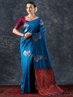Akhilam - Women's Blue Silk Blend Woven Designer Saree with Unstitched Blouse