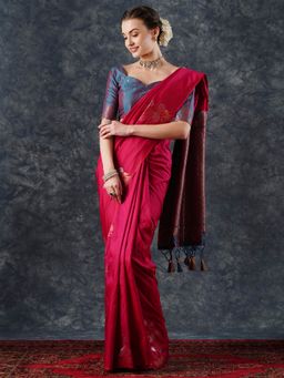 Akhilam - Women's Silk Blend Red Woven Designer Saree with Unstitched Blouse