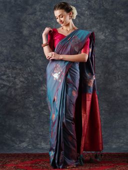 Akhilam - Women's Silk Blend Teal Blue Woven Designer Saree with Unstitched Blouse