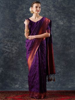 Akhilam - Women's Silk Blend Purple Woven Designer Saree with Unstitched Blouse
