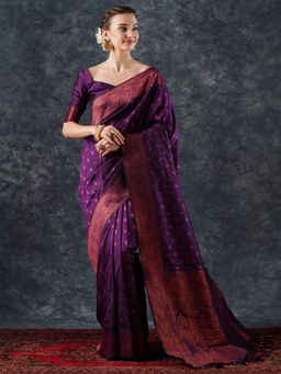 Akhilam - Women's Silk Blend Purple Woven Designer Saree with Unstitched Blouse