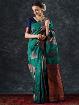 Akhilam - Women's Silk Blend Green Woven Designer Saree with Unstitched Blouse
