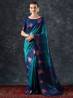 Akhilam - Women's Silk Blend Turquoise Woven Designer Saree with Unstitched Blouse