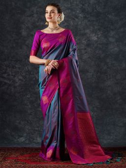 Akhilam - Women's Silk Blend Teal Green Woven Designer Saree with Unstitched Blouse