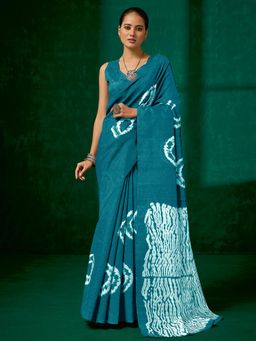 Akhilam - Women's Bhagalpuri Silk Teal Printed Designer Saree with Unstitched Blouse