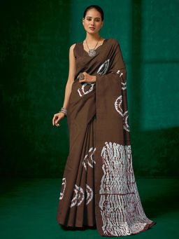 Akhilam - Women's Bhagalpuri Silk Brown Printed Designer Saree with Unstitched Blouse