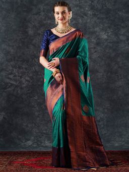 Akhilam - Women's Silk Blend Green Woven Designer Saree with Unstitched Blouse