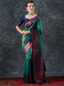 Akhilam - Women's Silk Blend Green Woven Designer Saree with Unstitched Blouse