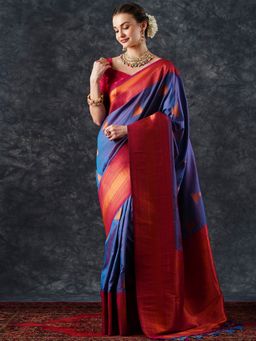 Akhilam - Women's Blue Silk Blend Woven Designer Saree with Unstitched Blouse