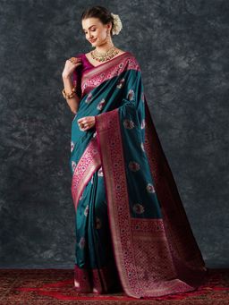 Akhilam - Women's Silk Blend Teal Woven Designer Saree with Unstitched Blouse