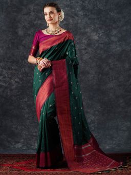 Akhilam - Women's Silk Blend Green Woven Designer Saree with Unstitched Blouse