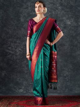 Akhilam - Women's Silk Blend Green Woven Designer Saree with Unstitched Blouse