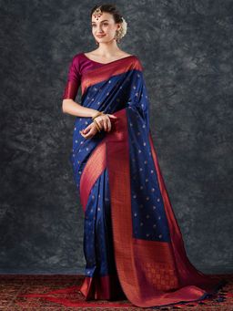 Akhilam - Women's Silk Blend Navy Blue Woven Designer Saree with Unstitched Blouse