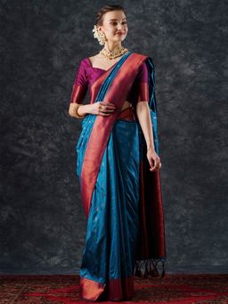 Akhilam - Women's Silk Blend Woven Turquoise Designer Saree with Unstitched Blouse