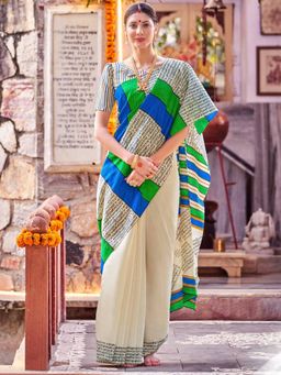 Sareemall - Women's Bhagalpuri Silk Cream Printed Designer Saree with Unstitched Blouse