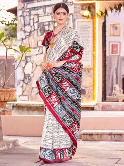 Sareemall - Women's Bhagalpuri Silk Off White Printed Designer Saree with Unstitched Blouse