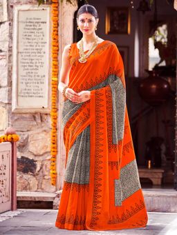 Sareemall - Women's Bhagalpuri Silk Orange Printed Designer Saree with Unstitched Blouse