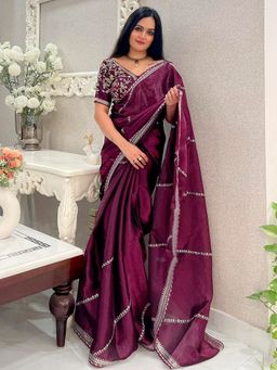 Akhilam - Women's Organza Wine Embroidered Designer Saree with Unstitched Blouse