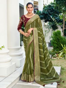 Sareemall - Women's Chiffon Olive Printed Designer Saree with Unstitched Blouse