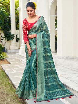 Sareemall - Women's Chiffon Green Printed Designer Saree with Unstitched Blouse