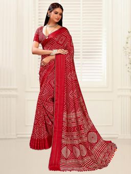 Akhilam - Women's Dola Silk Red Printed Designer Saree with Unstitched Blouse