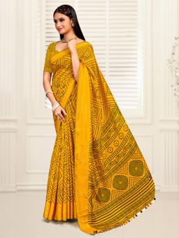 Akhilam - Women's Dola Silk Mustard Printed Designer Saree with Unstitched Blouse