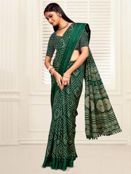 Akhilam - Women's Dola Silk Green Printed Designer Saree with Unstitched Blouse