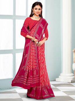 Akhilam - Women's Georgette Red Printed Designer Saree with Unstitched Blouse
