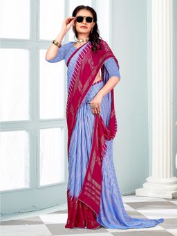 Akhilam - Women's Blue Georgette Printed Designer Saree with Unstitched Blouse