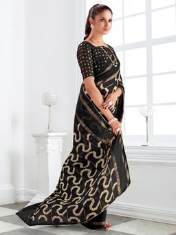 Akhilam - Women's Georgette Black Printed Designer Saree with Unstitched Blouse
