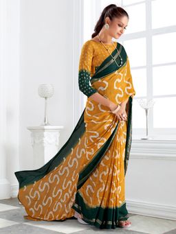 Akhilam - Women's Georgette Mustard Printed Designer Saree with Unstitched Blouse