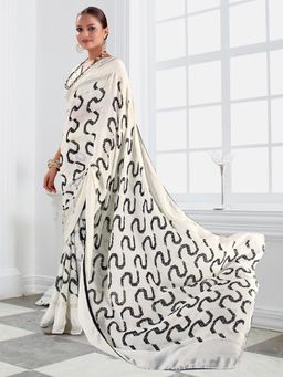 Akhilam - Women's Georgette White Printed Designer Saree with Unstitched Blouse
