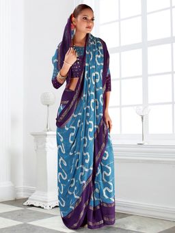 Akhilam - Women's Blue Georgette Printed Designer Saree with Unstitched Blouse