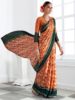 Akhilam - Women's Georgette Orange Printed Designer Saree with Unstitched Blouse