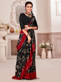 Akhilam - Women's Georgette Black Printed Designer Saree with Unstitched Blouse