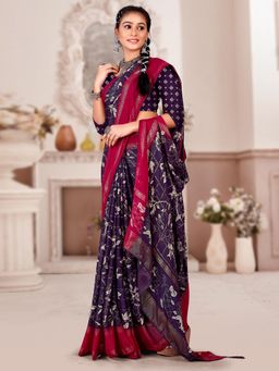 Akhilam - Women's Georgette Dark Purple Printed Designer Saree with Unstitched Blouse