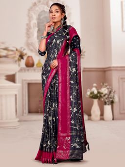 Akhilam - Women's Georgette Black Printed Designer Saree with Unstitched Blouse