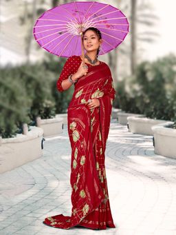 Akhilam - Women's Georgette Red Printed Designer Saree with Unstitched Blouse
