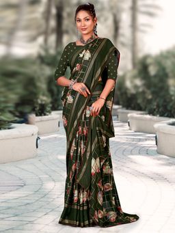 Akhilam - Women's Georgette Green Printed Designer Saree with Unstitched Blouse
