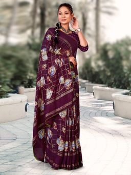 Akhilam - Women's Georgette Wine Printed Designer Saree with Unstitched Blouse