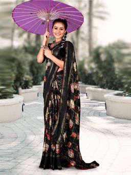 Akhilam - Women's Georgette Black Printed Designer Saree with Unstitched Blouse