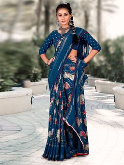 Akhilam - Women's Georgette Teal Printed Designer Saree with Unstitched Blouse