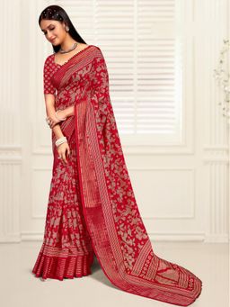 Akhilam - Women's Dola Silk Red Printed Designer Saree with Unstitched Blouse