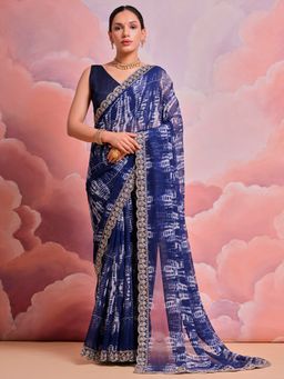 Akhilam - Women's Georgette Navy Blue Embroidered Designer Saree with Unstitched Blouse